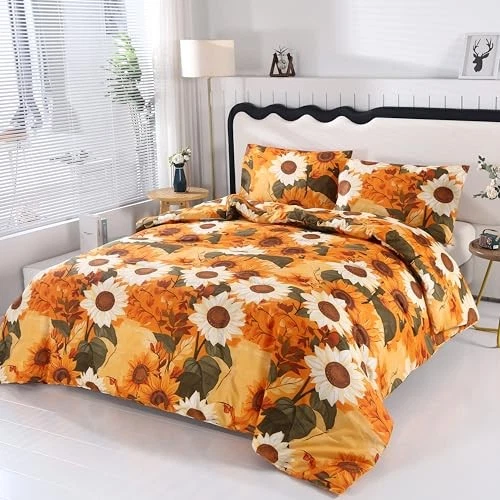  3Pcs Orange Comforter Sets,Orange Floral Size Comforter Sets Full Sunflower - Image 2 of 4
