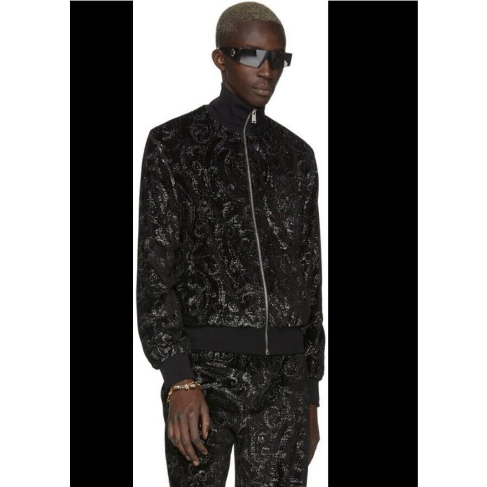 Versace Giacca in Velluto Motivo Barocco Metallizzato Nero Taglia XL