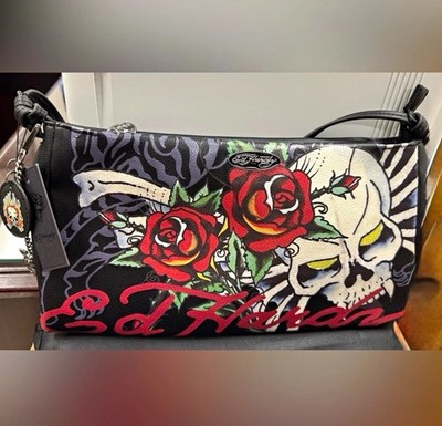 Ed Hardy Black Skull & Rose Graphic Print Shoulder Bag Zip Top Charm Pockets