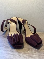 PRADA Burgundy Ruffle Strappy Open Toe Suede Heels Buckle Women's 8 Size