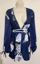 Romper Shorts Blue V Neck Floral Print Long Sleeve Open back pull-on Medium