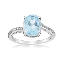 Birthstone Ring for Women 10x8 Created Aquamarine 0.01 cts Diamond Silver Size 6