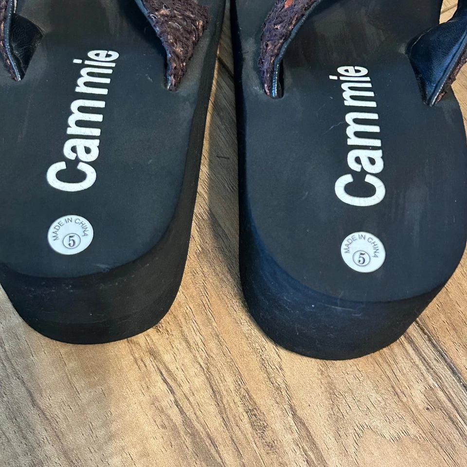 Sandalias de cuña brillantes con plataforma de lentejuelas marrones para mujer talla 5 Foto 3 de 4