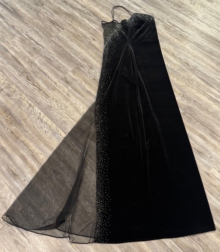 VTG 90’s Dave & Johnny Black Velvet Beaded Meshed Spaghetti Straps Dress 5/6 - Picture 10 of 23