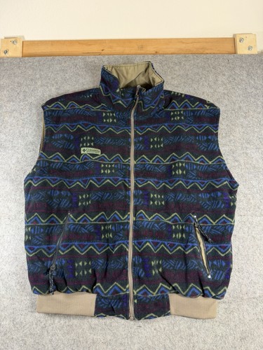 Columbia, Vintage COLUMBIA Sportswear Reversible Tribal Aztec Fleece Vest Jacket 90s SZ XL