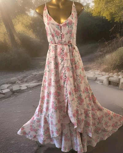 BOOHOO womens blush pink floral ruffle button front maxi dress size 16 lined - 第 1/23 張圖片