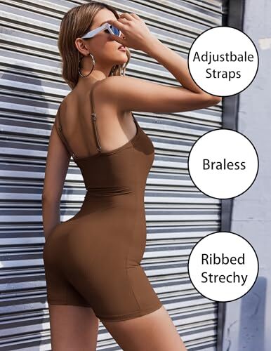 Womens Workout Romper Ribbed Unitard Stretch One Piece Short Medium Brown - Picture 4 of 6