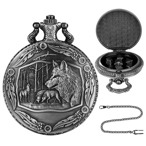 7pcs/Set Mini RPG Dices Metal DND Dice Wolves In The Forest Engrave Pocket Case - Picture 1 of 14