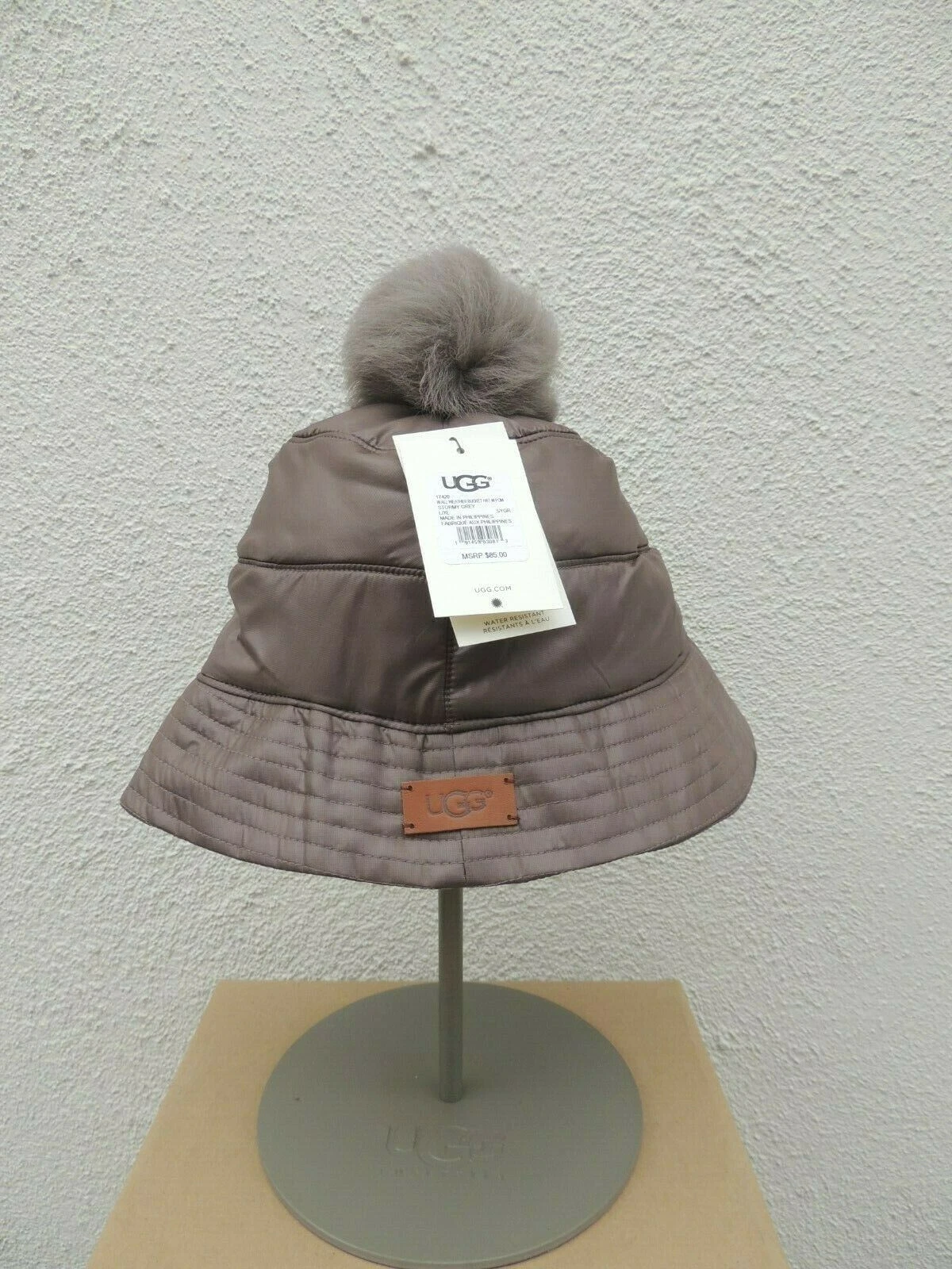 UGG STORMY GREY ALL WEATHER SHEEPSKIN POM BUCKET HAT, WOMEN L/XL ~NWT