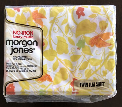 1 Vintage NOS Morgan Jones TWIN Flat Sheet NWOT Original Pkg Yellow Orange White