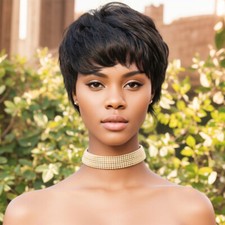 Women Short Pixie Cut Human Hair Wigs Layered Wave Pixie Wig with Bangs Glueless