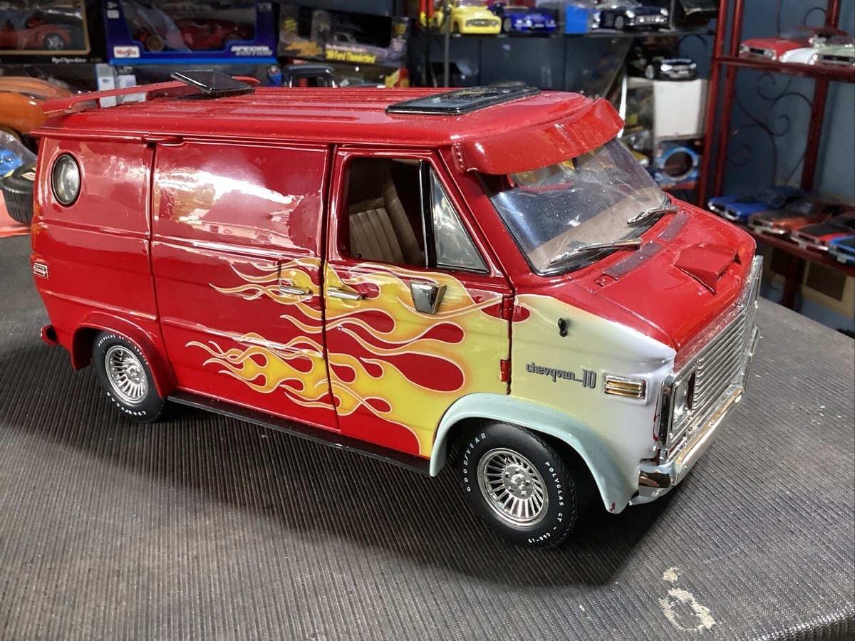 1974 Chevy Van 1/18 Diecast Chevy Van Red W/Flames “BURNOUT” Super  LOOK - Main Image