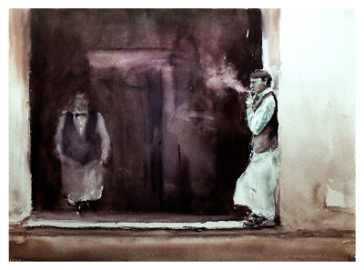 Original Aquarell Gemälde Malerei impressionistisch Figuren Kellner Pause 