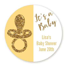 It's A Baby Gold Glitter Pacifier Round Personalized Baby Shower Sticker Labels