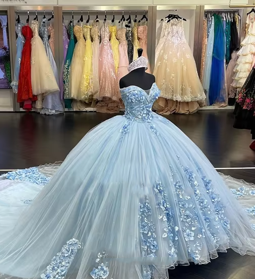 Glamorous Ball Gown Off Shoulder 3D Flowers Appliques Sweep Train Sky Blue Tulle Quinceanera Dress for Sweet 16 8 / Sky_Blue