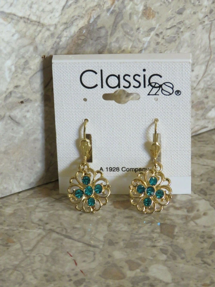 Pendientes colgantes de flor de cachemira con piedra preciosa turquesa oro palanca 1928 Company Foto 2 de 4