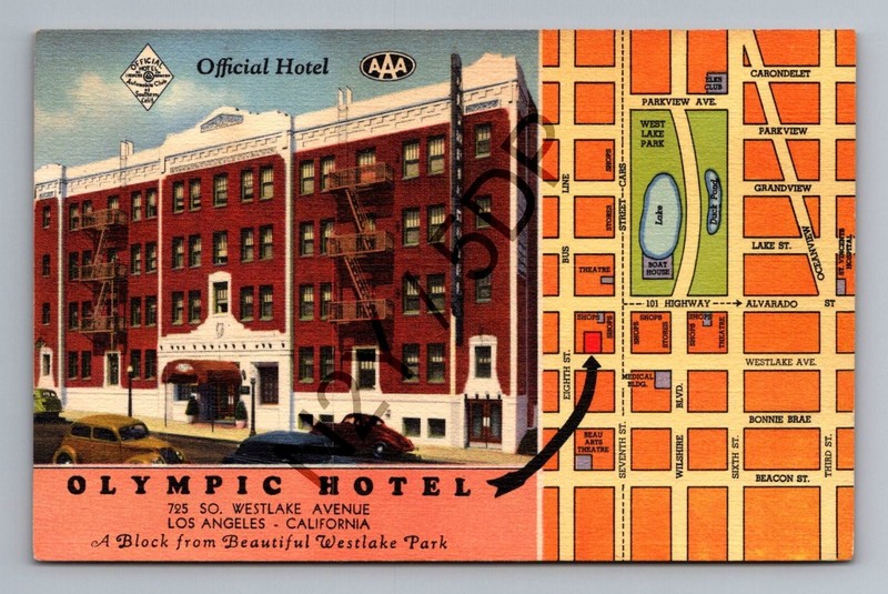 Olympic Hotel Los Angeles CA Westlake Park Linen Postcard Map Curteich