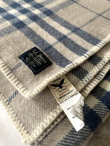 Pendleton LL Bean Washable Wool Full Size Blanket Blue Tan Cream 80” x 90” Plaid