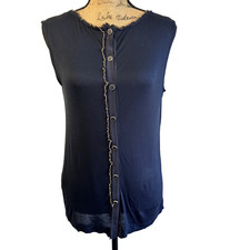 FENDI Women's Navy Blue Gold Trim Sleeveless Bottons Down Jersey Top Sz 42/US 6