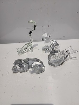 4 Clear Glass Art paperweight Lot Dog, Cat, Bird, Squirrel 