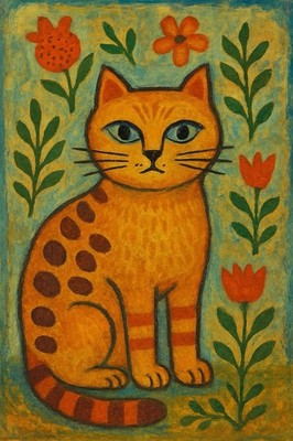 Katze Garten Blumen Folk Art Naive   Poster Kunstdruck Kunst Art