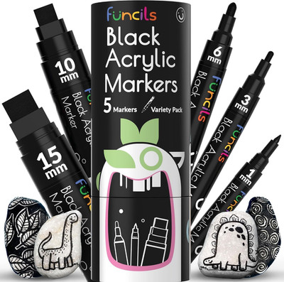 5 Acrylic Black Paint Pen - Fine Tip, Thin Point & Jumbo Pens (1mm, 3mm, 6mm, 10