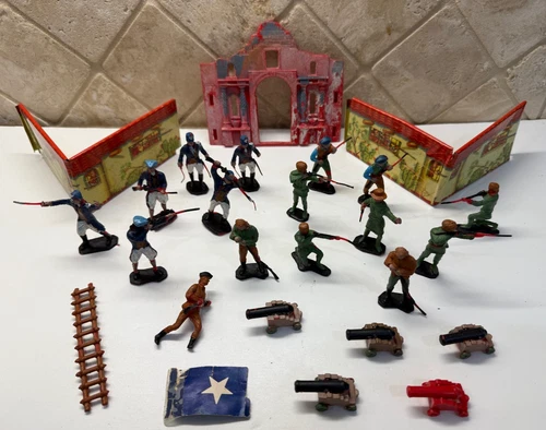 Vintage Ideal 1950's ALAMO Playset x26 Pieces Soldiers Figures Tin Litho Walls!