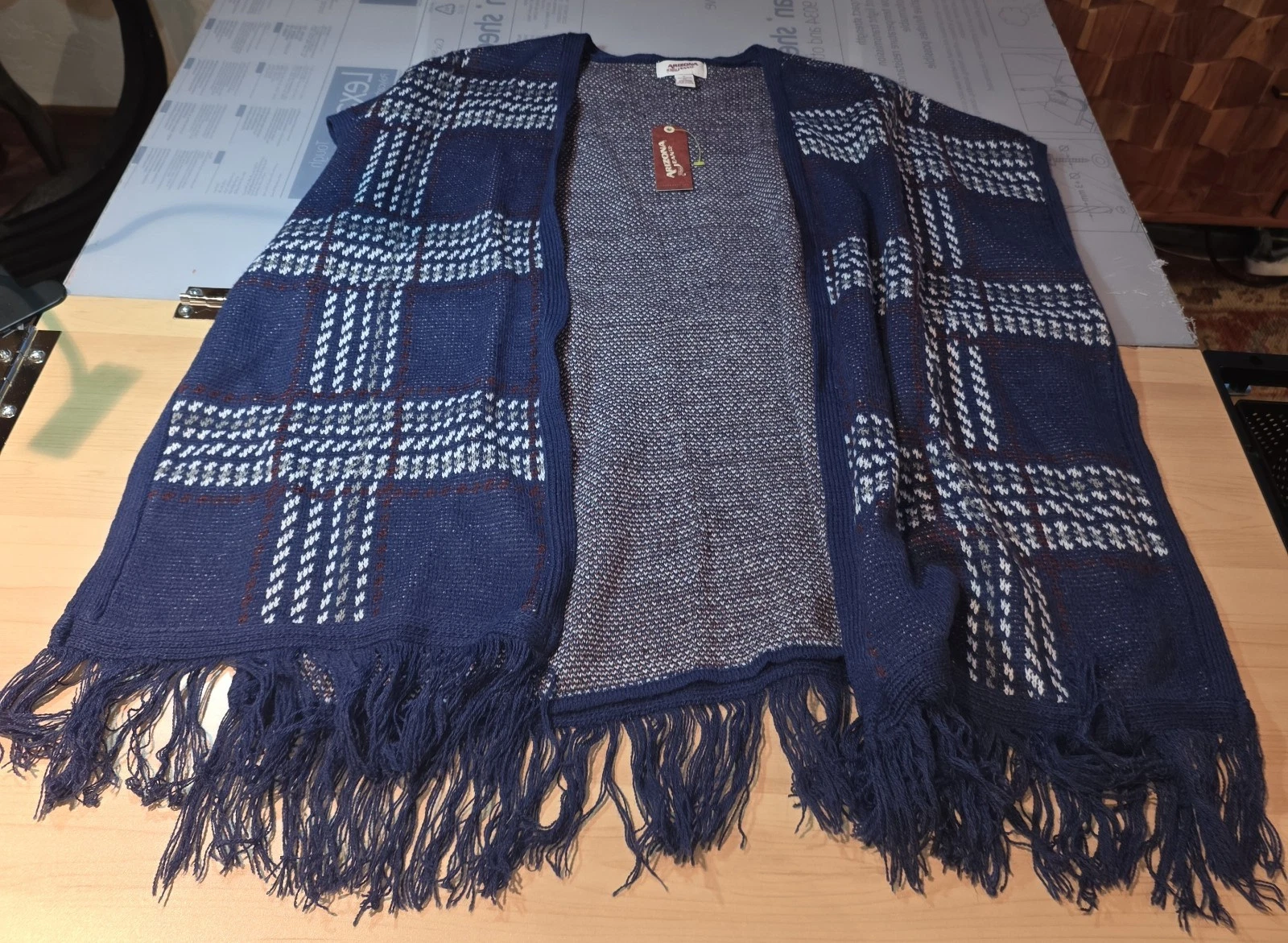 Arizona Blue White Red Plaid Checkered Fringed Shawl Poncho Cardigan Wrap Medium