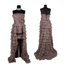 Vintage Blush Lace Corset Gown: Ruffled Fairycore Dress with Train