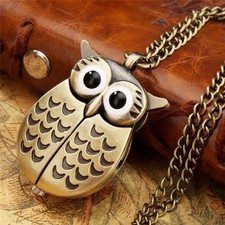 Vintage Style Owl Wings Bronze Tone Mini Pocket Watch Necklace Chain Unisex Gift