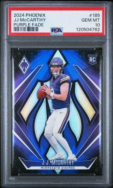2024 Panini Phoenix #185 - J.J. McCarthy - Purple Fade (RC) Rookie PSA 10 POP 18