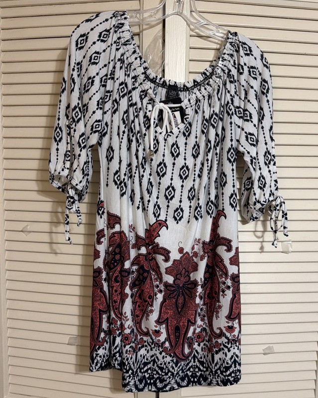Lildy Draw String Tie Tunic Top L-XL 3/4 Sleeve V-Neck Floral Red/White/black