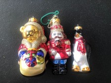 Vintage Eclectic Glass Soldier, Santa Bear, Penguin Christmas Ornaments Set Of 3