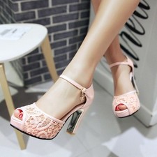 Women's Peep Toe Lace Floral Sandals Wedding High Heels Shoes Dress Wedding Lady