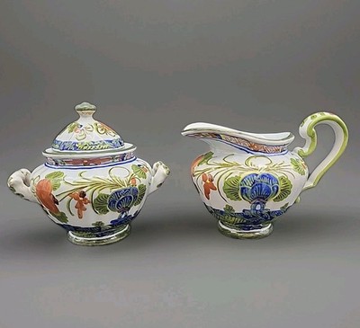 Faenza Garofano Blue Carnation Creamer and Sugar Bowl with Lid