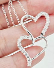 925 Sterling Silver Cubic Zirconia Double Heart Pendant Necklace 18 in For Woman