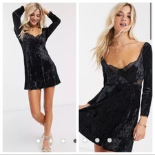 NWT Free People Kat Black Velvet Mini Dress XS Swing Lace Long Sleeve Open Back