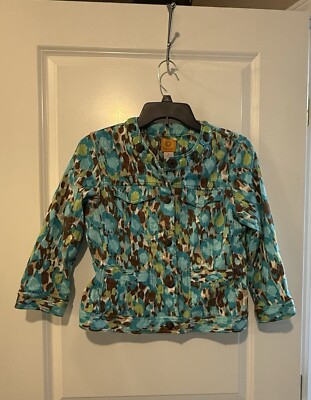 EUC Ruby Rd. Jacket Shiny Blue/Brown/Green Animal Print Beaded Neck Size 6