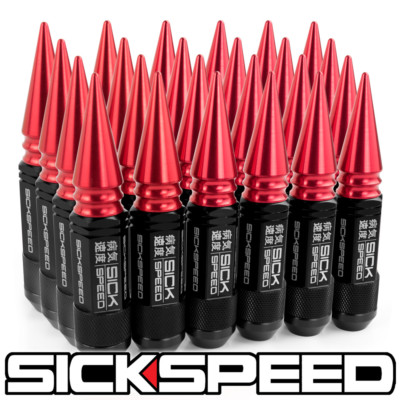 SICKSPEED 24 PC BLACK / RED SPIKED ALUMINUM 108MM 3PC LUG NUTS 12X1.5 L18