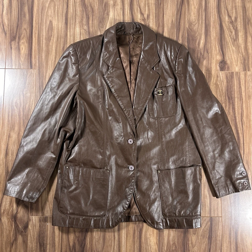 Blazer Vintage Etienne Aigner Mujer 18 Marrón Cuero Forrado 2 Botones Chaqueta Foto 2 de 4