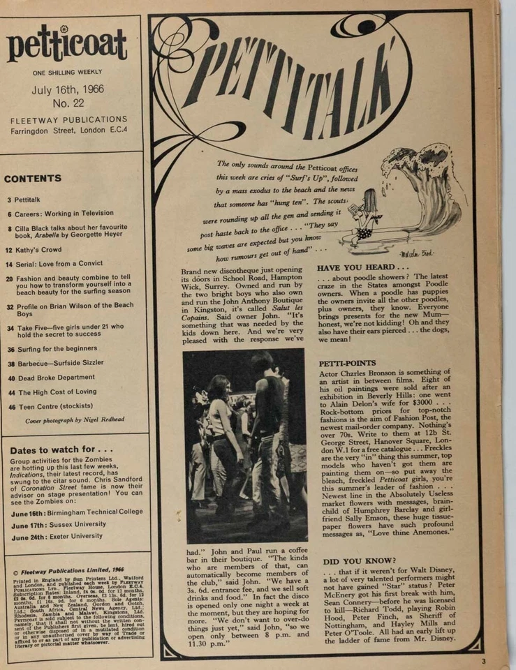 Brian Wilson BEACH BOYS Surfing CILLA BLACK Petticoat magazine 16 July 1966 Surf Foto 3 de 4