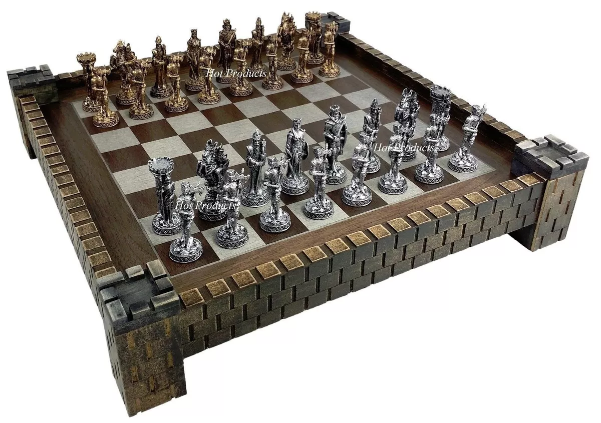 Medieval Times Knight Pewter Metal Chess Set Antique Finish W 17 Castle  Board