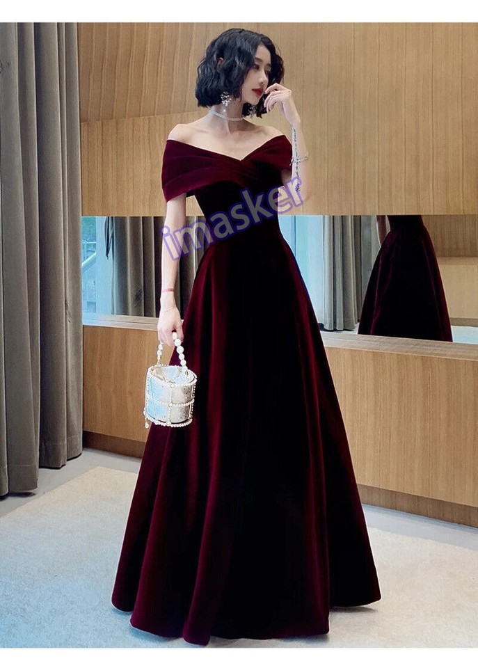 Spring Long Elegant Wine Red Sety Velvet Evening Party Wedding Dresses