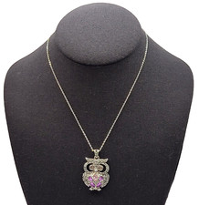 Owl with Purple Pink Shaded Rhinestones Silver Tone Open Metal Pendant Necklace