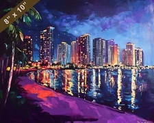 Miami skyline at night oil painting 8x10 Print