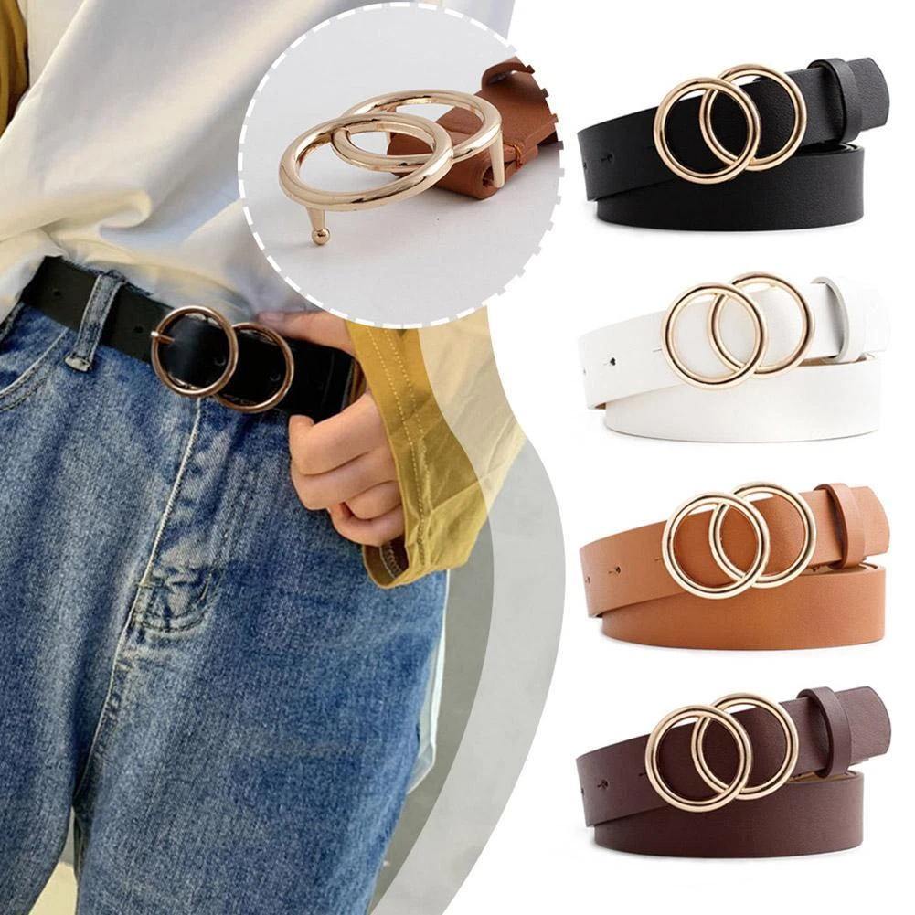 Wide Double Circle Buckle Leather Belt