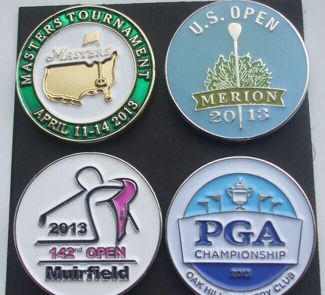 Set of 4 Golf Majors Ball Markers for the year 2013 in celophane. FREEPOST IN UK