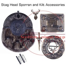 Scottish Highland Men Traditional full Dress Kilt Stag Head Sporran Accessories
