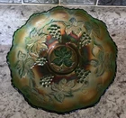 Vintage Fenton Green Iridescent Grape Delight Vines Carnival Glass Bowl