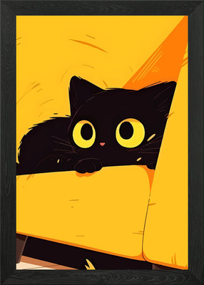 Schwarze Katze auf gelber Couch gerahmtes Wandbild Poster Leinwanddruck Bild